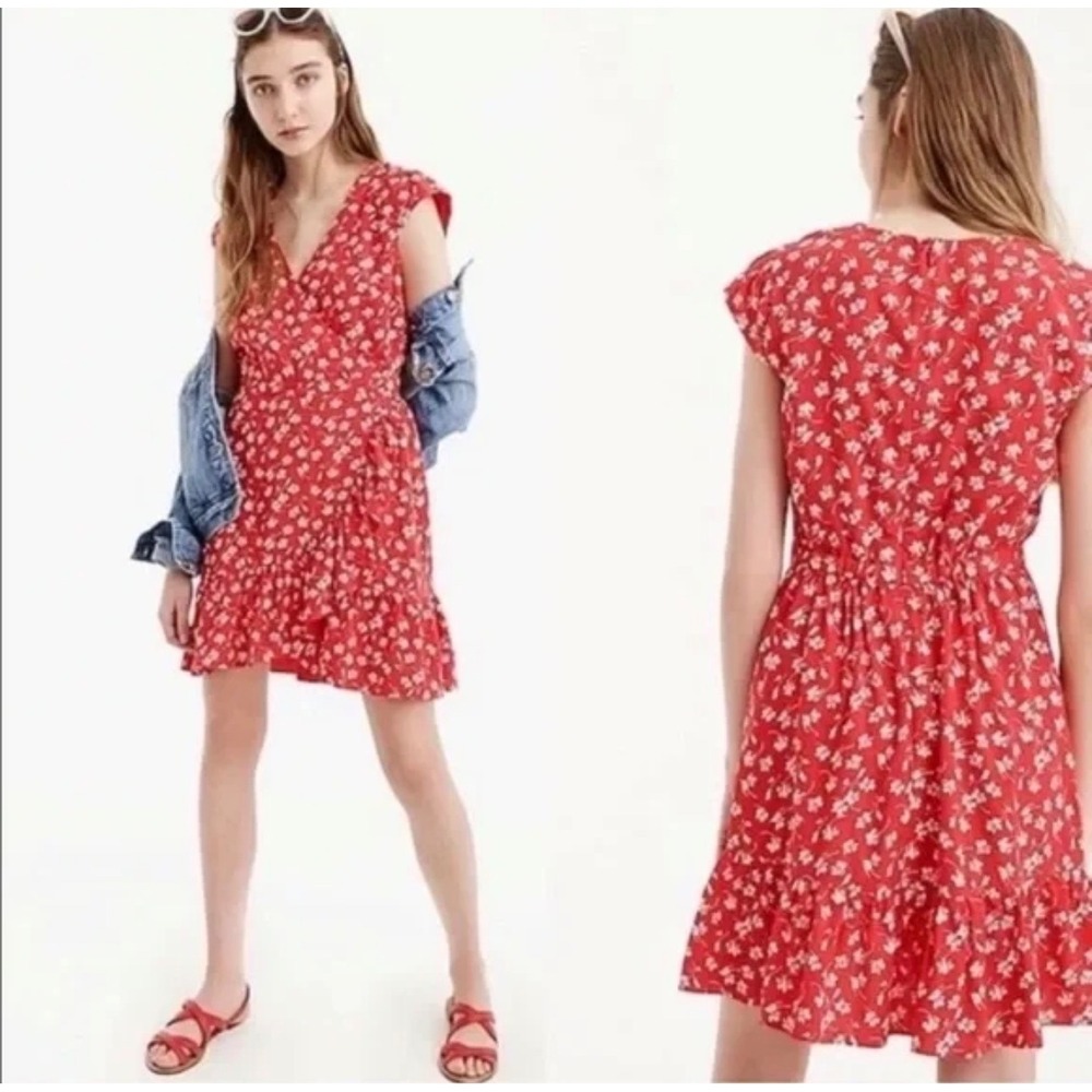 J.Crew Mercantile Red Floral Faux Wrap Ruffle Mini Dress J4401 Size 2 Womens